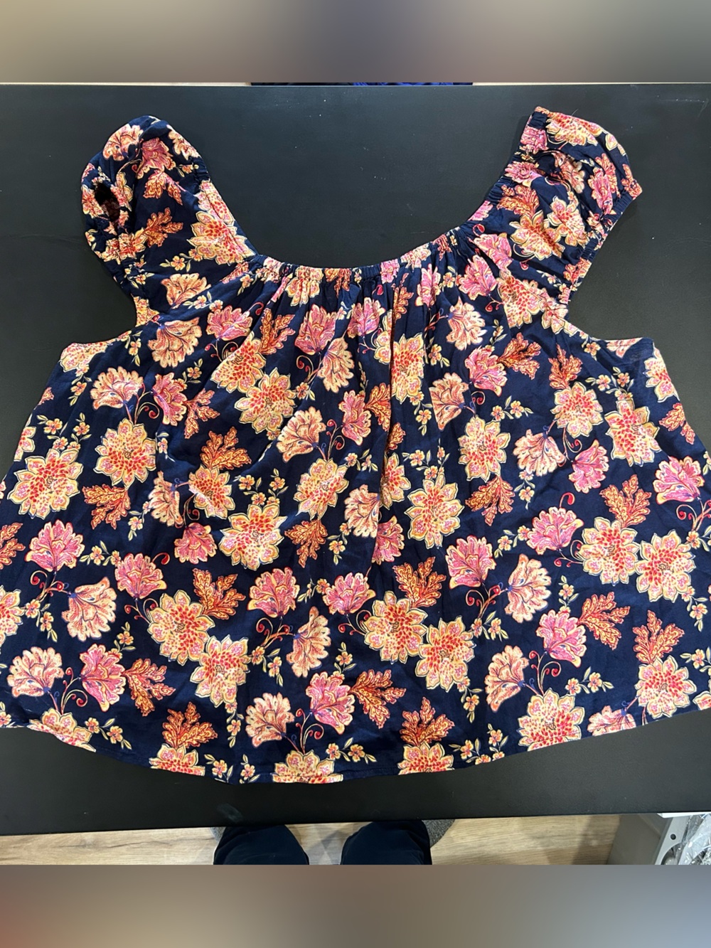 Old Navy Navy Floral Tie-Neck Top with Pink & Yellow Print